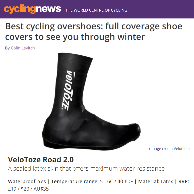 Cyclingnews: veloToze Tall 2.0 Shoe Covers in Best Overshoes list 2021